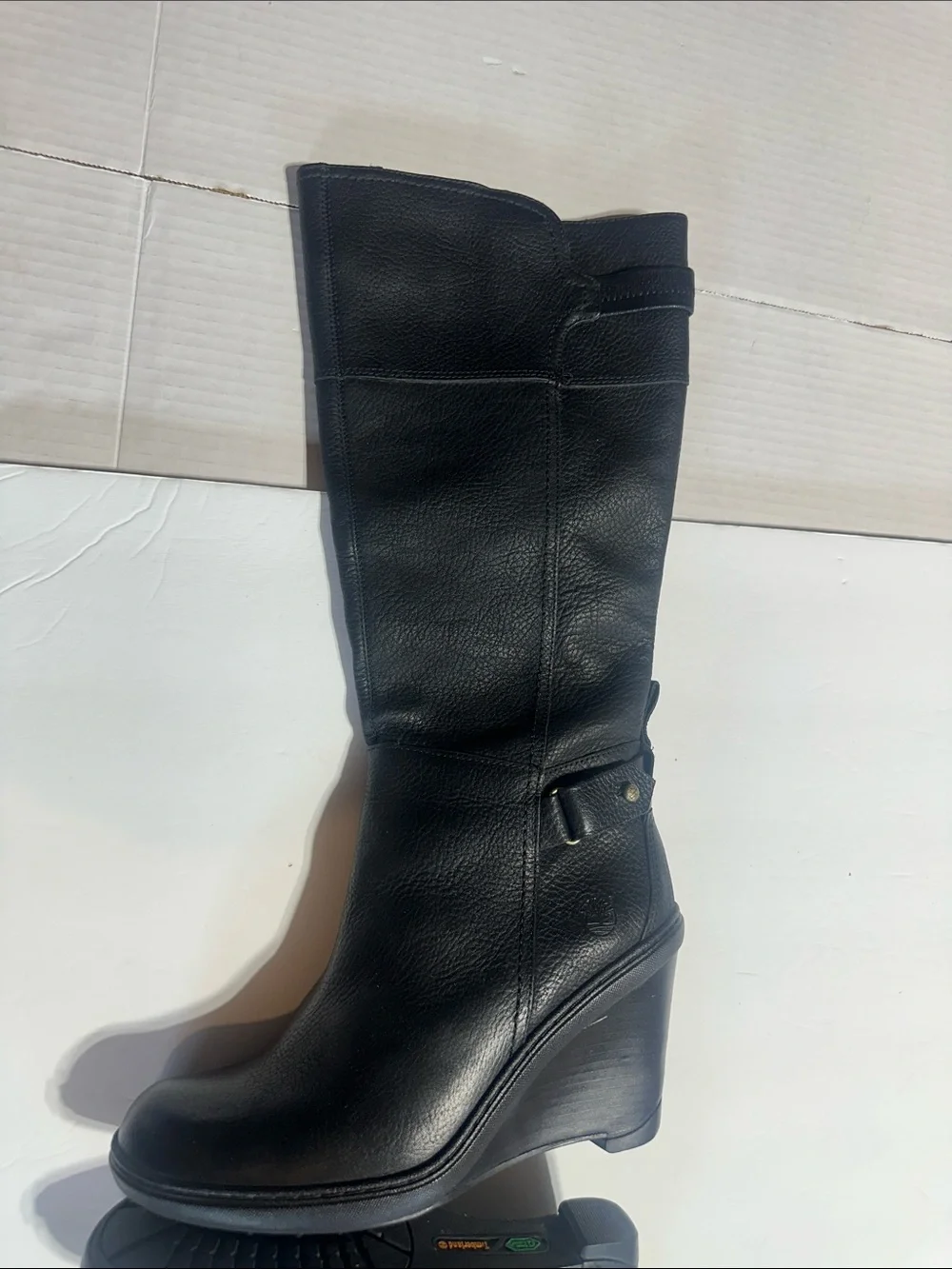 Timberland ion mask technology Black Leather Wedge Knee-High Boots side zipper